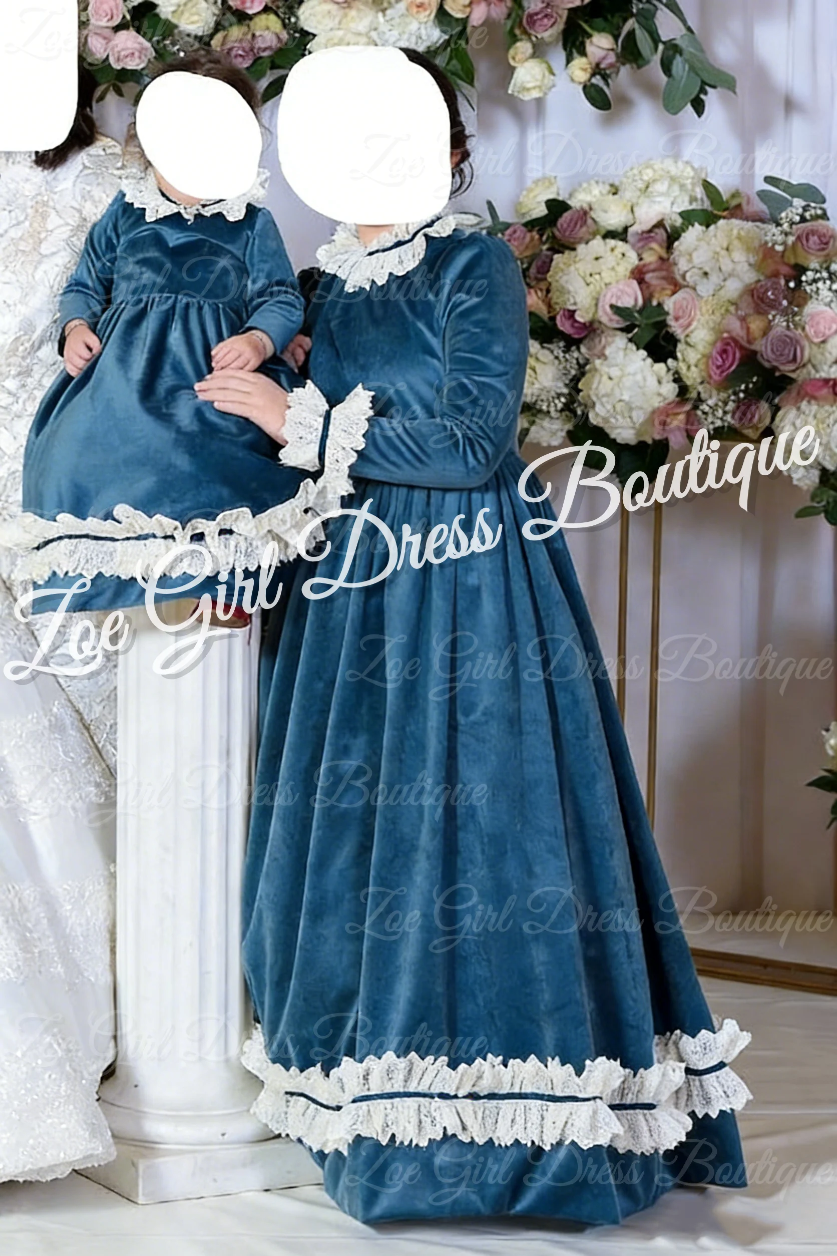 Blue Flower Girl Dresses for Wedding Full Sleeves Floor Length Baby Girl Birthday Dresses First Communion Gowns Customized