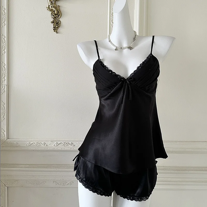 

2025 New Satin Sleepwear Lingerie Pajamas Set Women Sexy Home Wear Nightwear 2Pcs Strap Top Shorts Loungewear Sleepwear