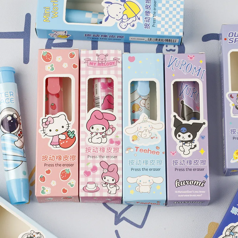 Imagem -02 - Sanrio Kawaii Lápis Erasers Kawaii Kuromi Melody Imprensa Bonito Pochacco Escrita Desenho Papelaria Presentes Material Escolar 24pc Lot