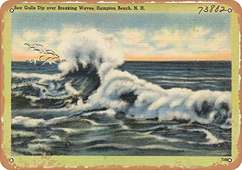 Wall-Color  Metal Sign - New Hampshire Postcard - Sea Gulls dip Over Breaking Waves, Hampton Beach, N.H. - Vintage Rusty Look