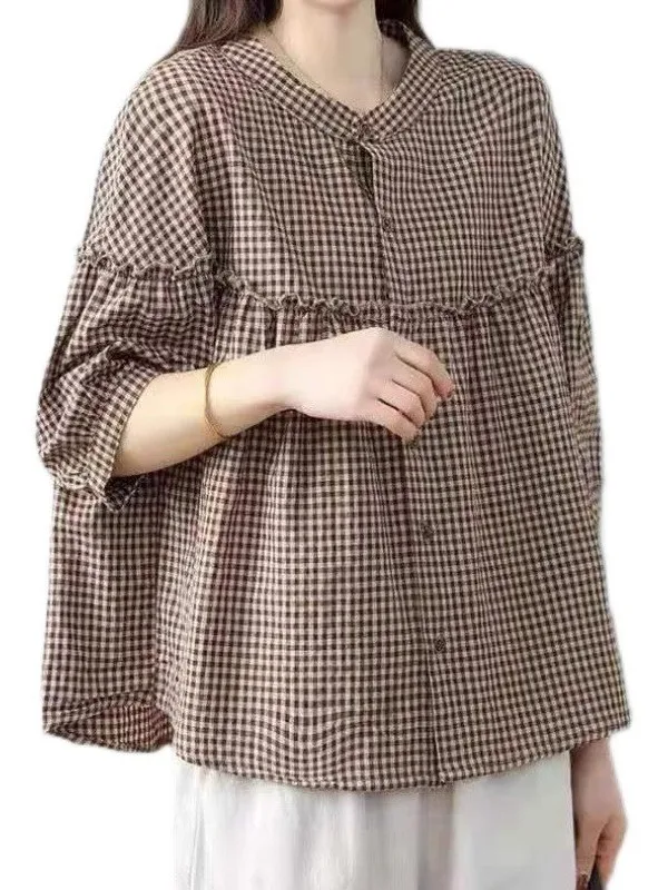 

Women's irt Cotton Linen Plaid Svel Summer Faionable Belly Covering Top Button Design Loose Fit round Ne Long Sve