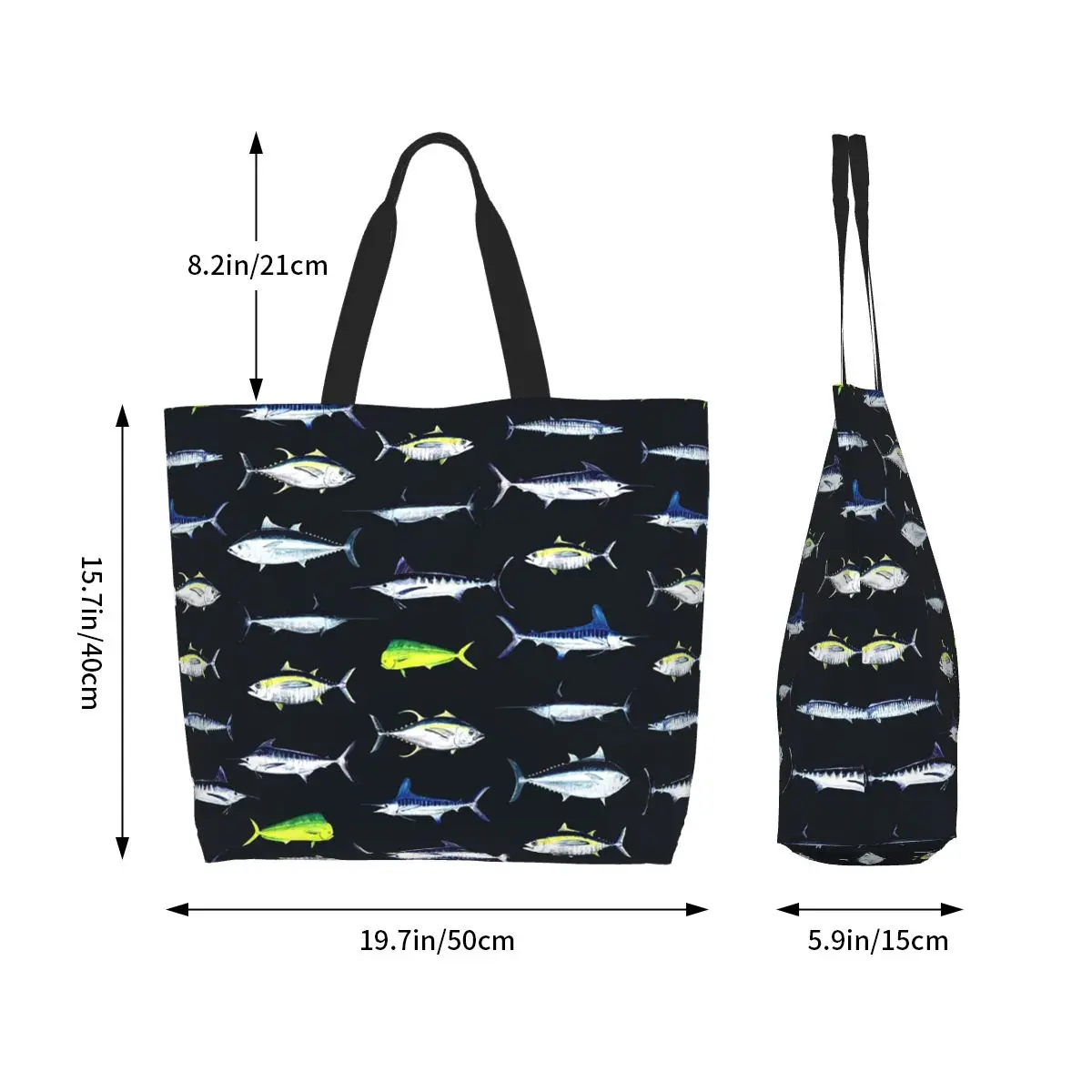 SPORTFISH Pattern Dark Navy Blue BlackYellowfin Tuna Shopping Tote Bag Canvas Shoulder Bags Shopper Grocery Handbag for Women