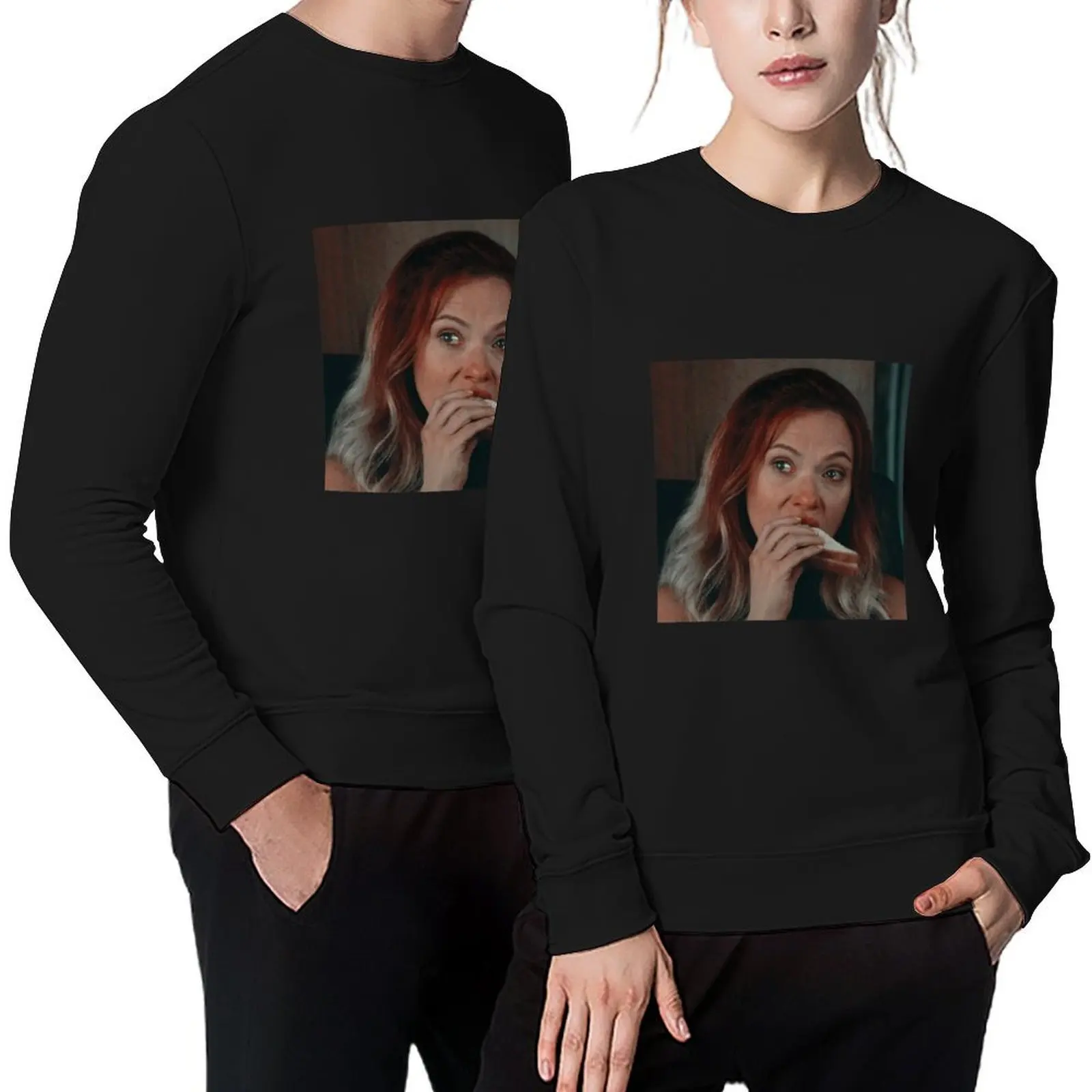 

Scarlett Johansson crying while eating a sandwhich Pullover blouse anime clothing tracksuits tracksuit men hooded sweatshirts