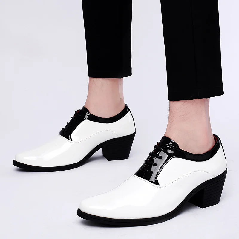 Fashion Shiny White Black Office Heels Men Formal Shoes Genuine Leather Platform Wedding Shoes Men Dress Shoes zapatos de vestir