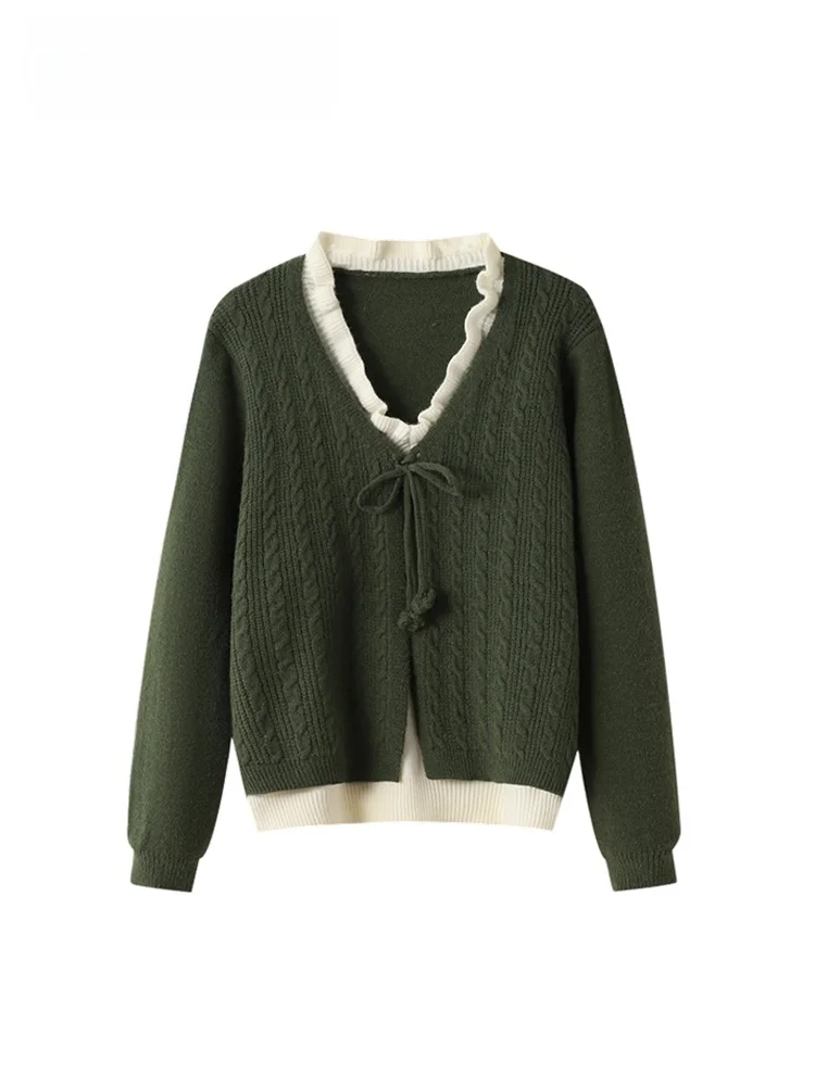 

plus Size Women's V-Ne Long Sve Knitwear Spring Vintage Slimming Fake Two-Piece Sweater Comfortable Loose Fit Wool Blend