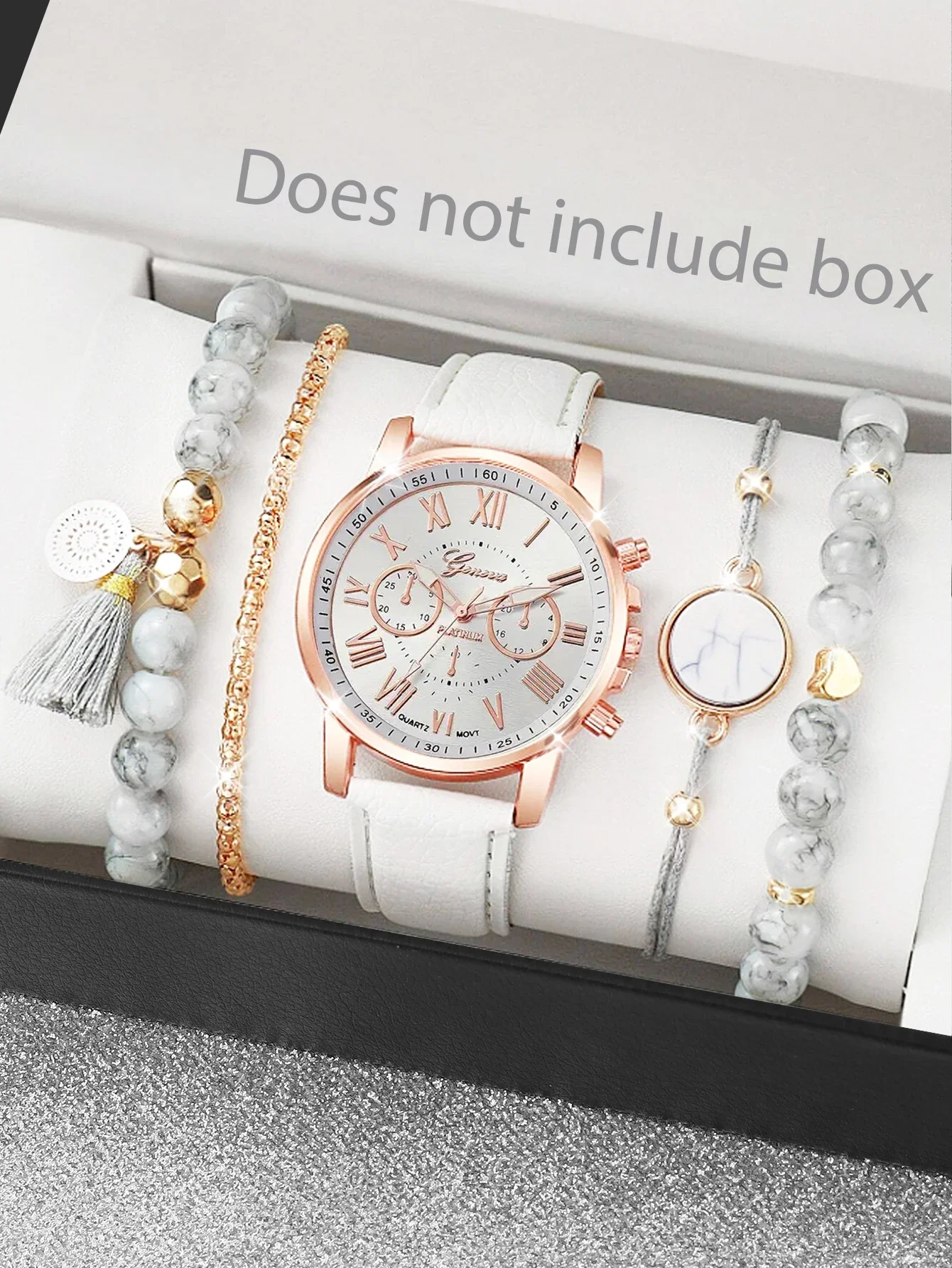 Fashion classic white Roman women\'s quartz watch with dolomite acrylic fringe bracelet set gift analog watch