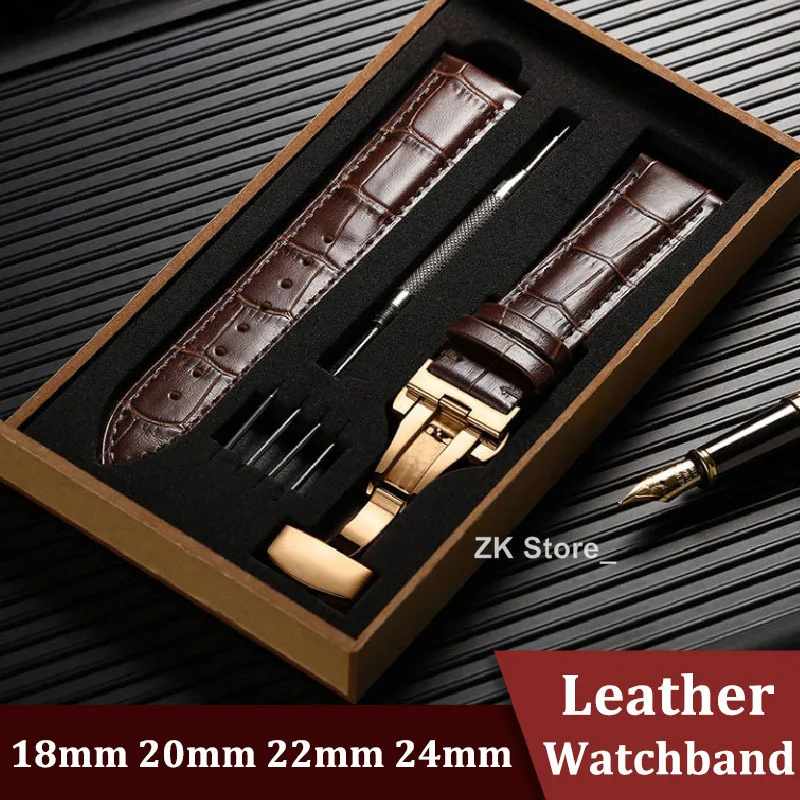 Genuine Cowhide Watch Straps with Box WatchBand 14mm 16mm 18mm 20mm 21mm 22mm 24mm Watch Bracelet Butterfly Clasp Wristband Belt