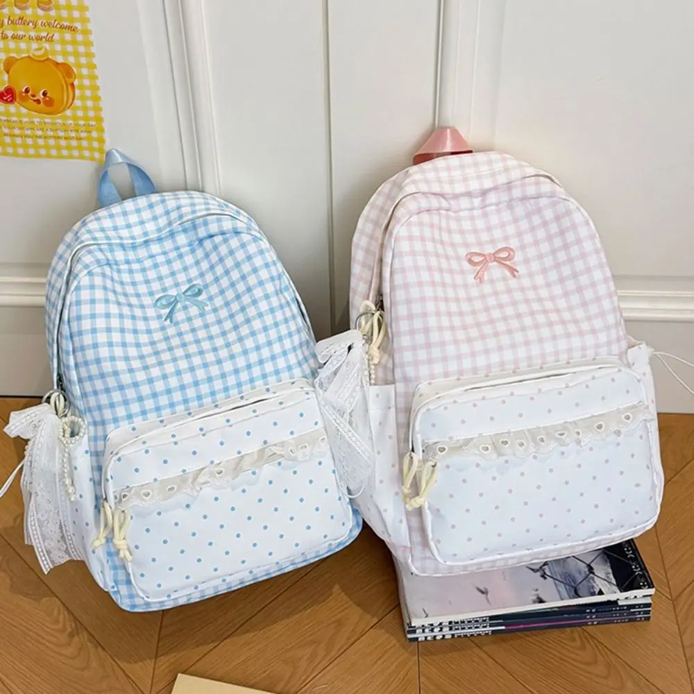Cute Sweet Polka Dot Backpack Bowknot Minimalist Bow Backpack Bow Design Large Capacity Lace Trim Rucksack Commute