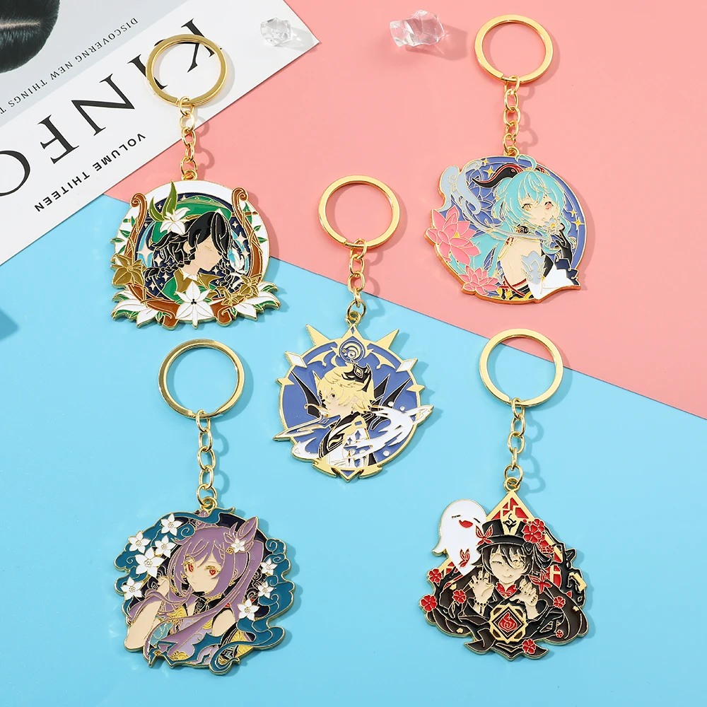 Game Anime Genshin Impact Figure Enamel Keychain Hu Tao Xiao Metal Keyrings for Car Key Backpack Key Holder Pendant Accessories