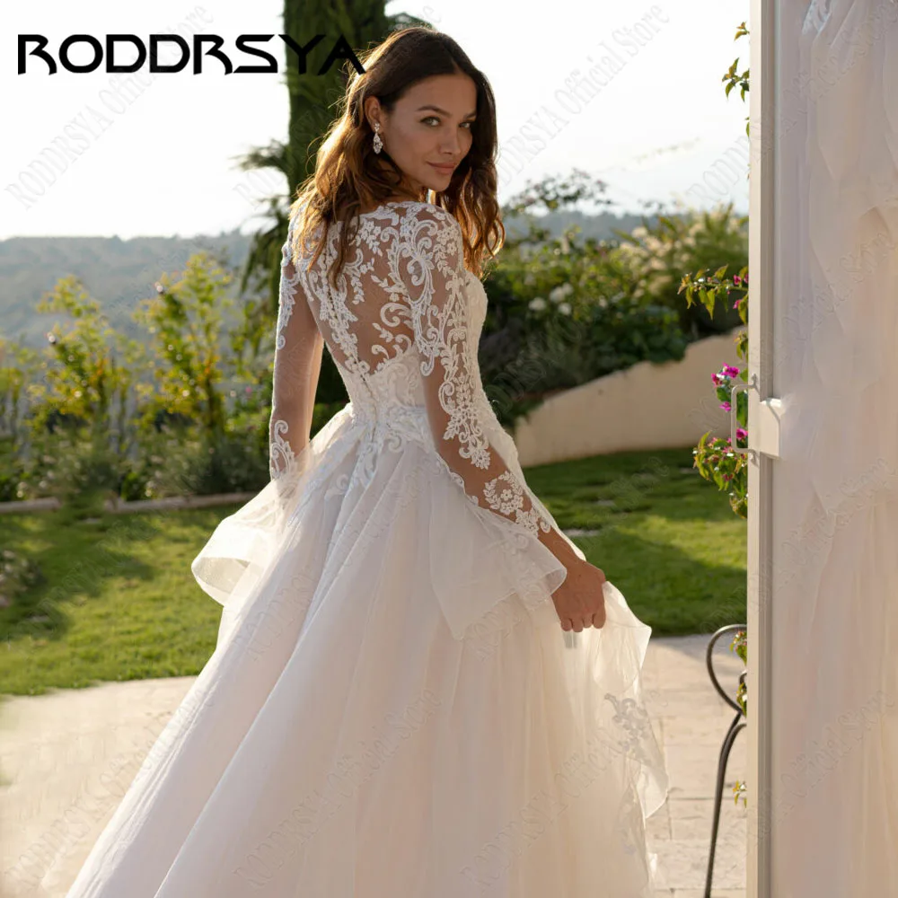 RODDRSYA Klassieke Scoop Neck Lange Mouwen Bruidsjurken Applique A-Lijn Bruidsjurken CustomRODDRSYA Klassieke ronde hals lange mouwen Trouwjurken Applique A-lijn bruidsjurken op maat gemaakt grote maat gewaad De Mariée