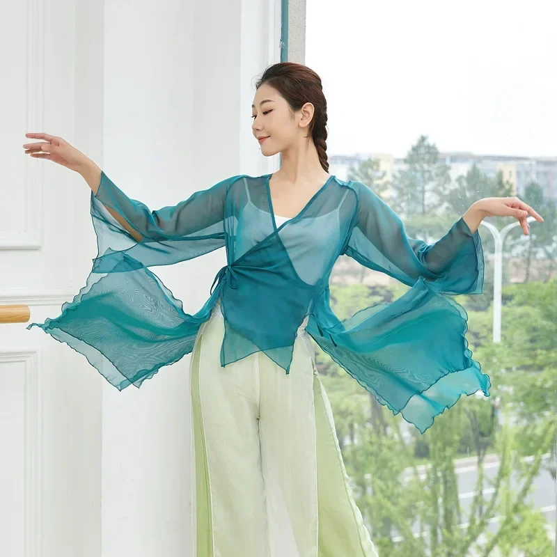 Costume Long pour femmes, vêtements de danse, vêtements classiques en mousseline de soie pour adultes, danse du ventre, cravate latérale, haut fendu, Cardigan Transparent, chemisier