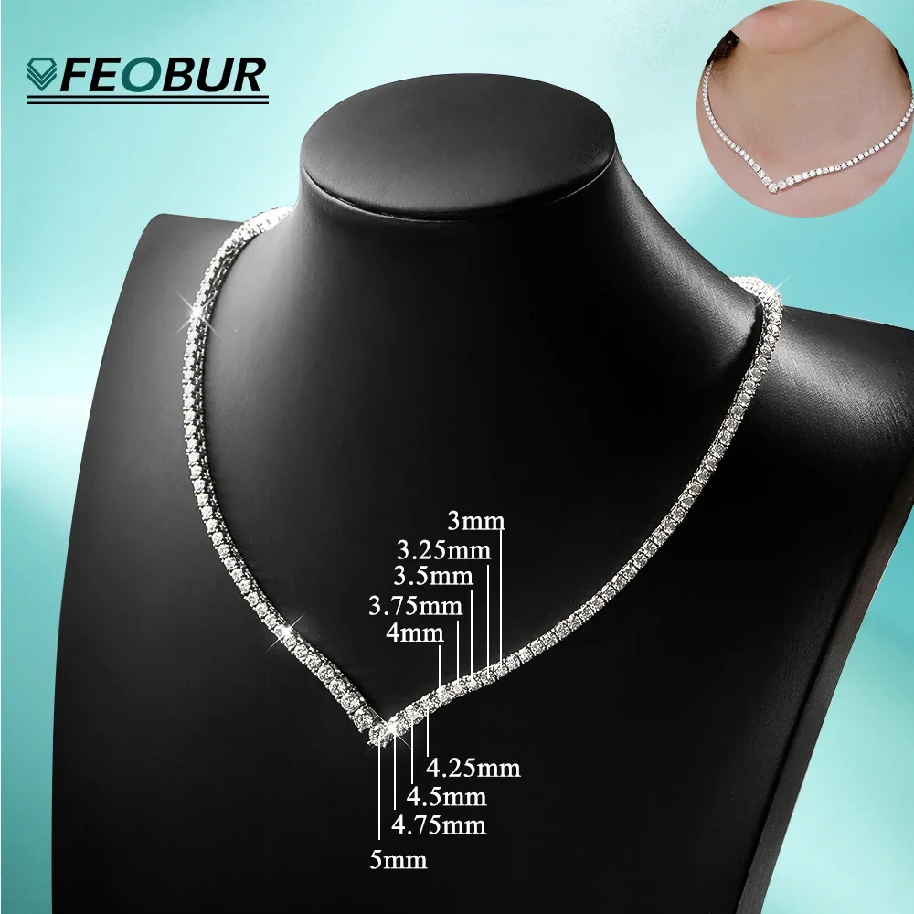 FEOBUR V-Style Moissanite Diamond Tennis Necklace for Women 3-5mm Gradient Diamond Choker Chain S925 Sterling Silver Jewelry GRA