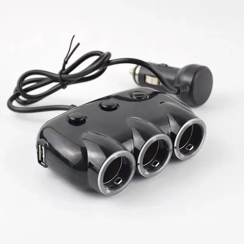 1pc 3-Socket Car Cigarette Lighter Splitter DC 12V/24V Dual-USB Multi-functional 1-to-3Cigarette Lighter Car Charger black white