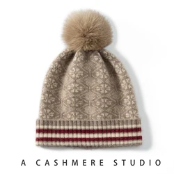 Natural Cashmere Hat for Women Winter New Outdoor Pompoms Cap Knitted Striped Jacquard Beanies Hats 100% Cashmere Keep Warm Cap