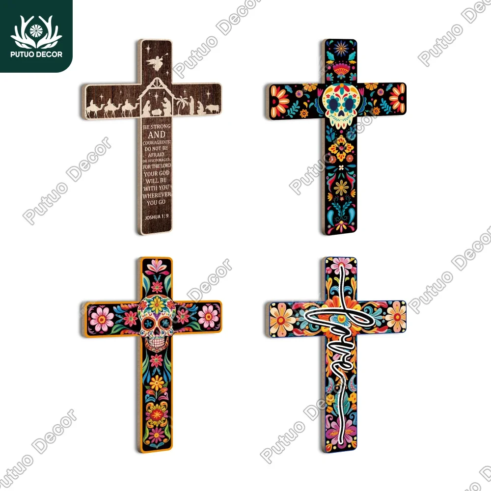 Putuo Decor Mexican Crucifix Wood Wall Decoration - 15.9 X 11.8 Inches, Day of Death Cross Decor for Room