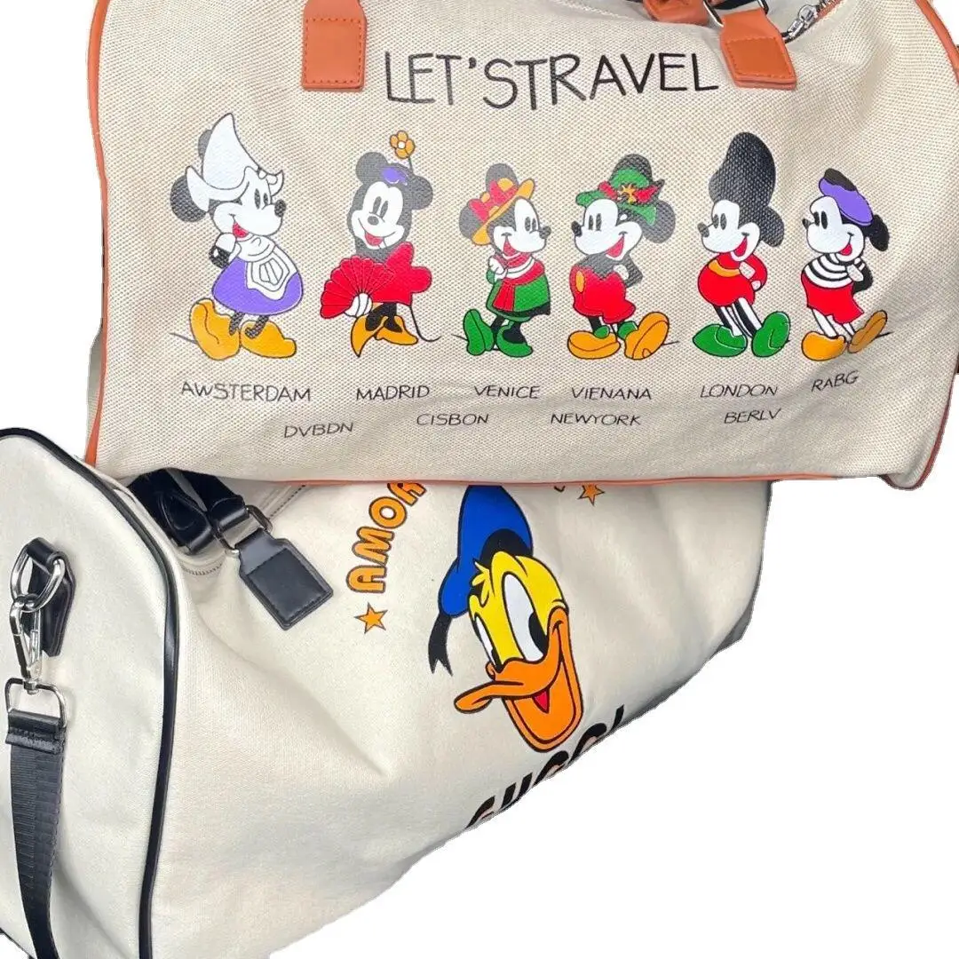 MINISO Canvas Mickey Donald Duck Travel Bag 2023 New Cartoon Girls Large Capacity Business Travel Gym Bag Casual Shoulder Bag