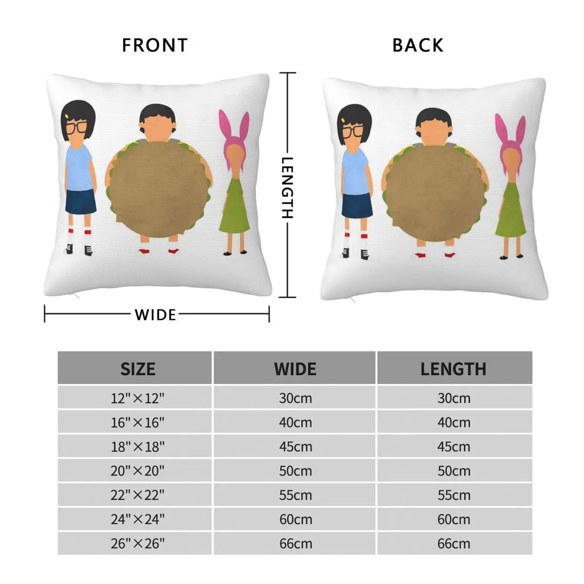 Bob's Burgers Tina Gene And Louise Square Pillowcase Polyester Linen Velvet Printed Zip Decor Pillow Case Home Cushion Cover