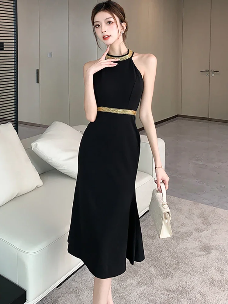 2025 schwarz Patchwork Diamanten Backless Sexy Neck-montiert Kleid Frauen Elegante Luxus Lange Kleid Kleid Sommer Koreanische, Figurbetontes Kleid