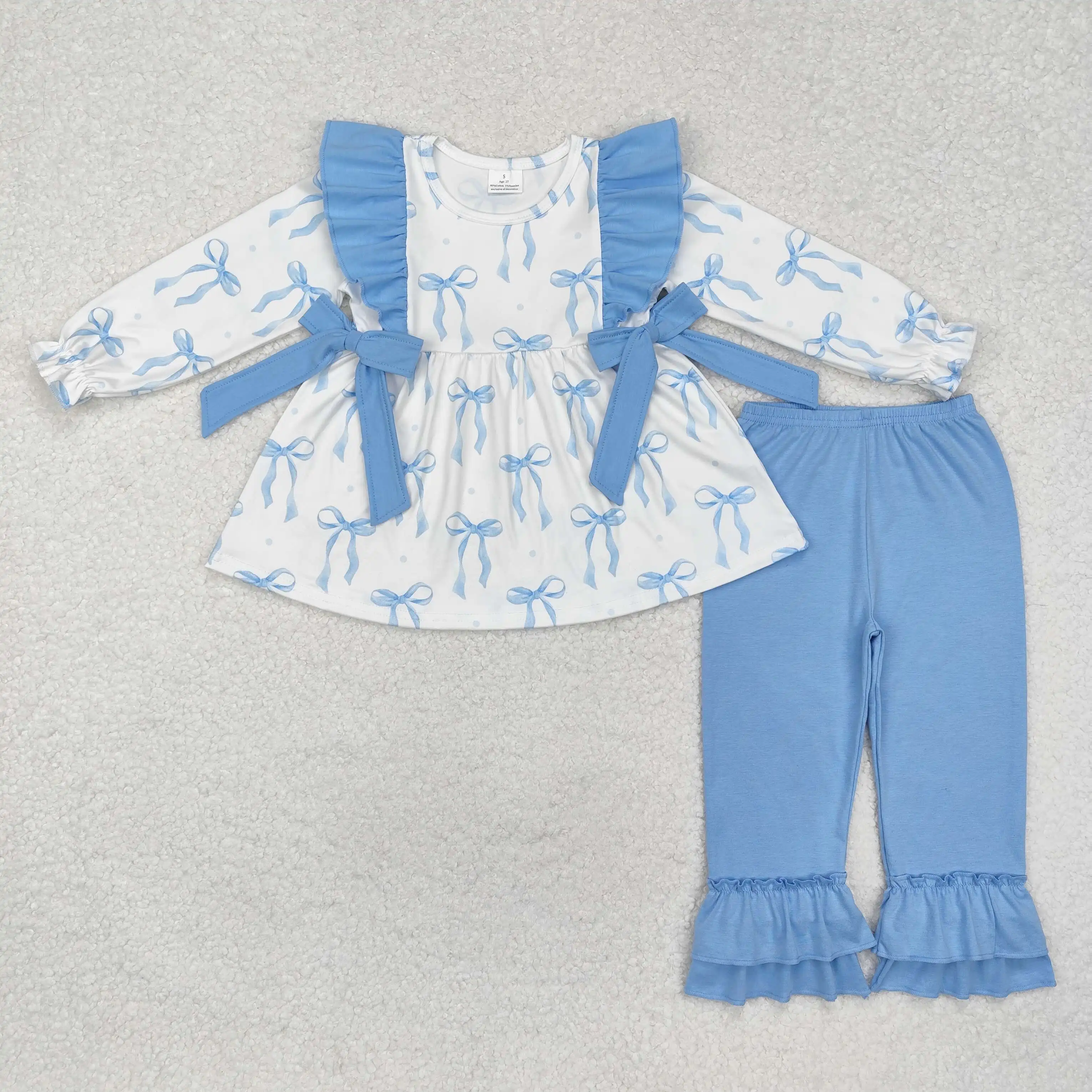 New rts new baby girls fall suit wholesale boutique blue bow print pattern long sleeve trousers girl set