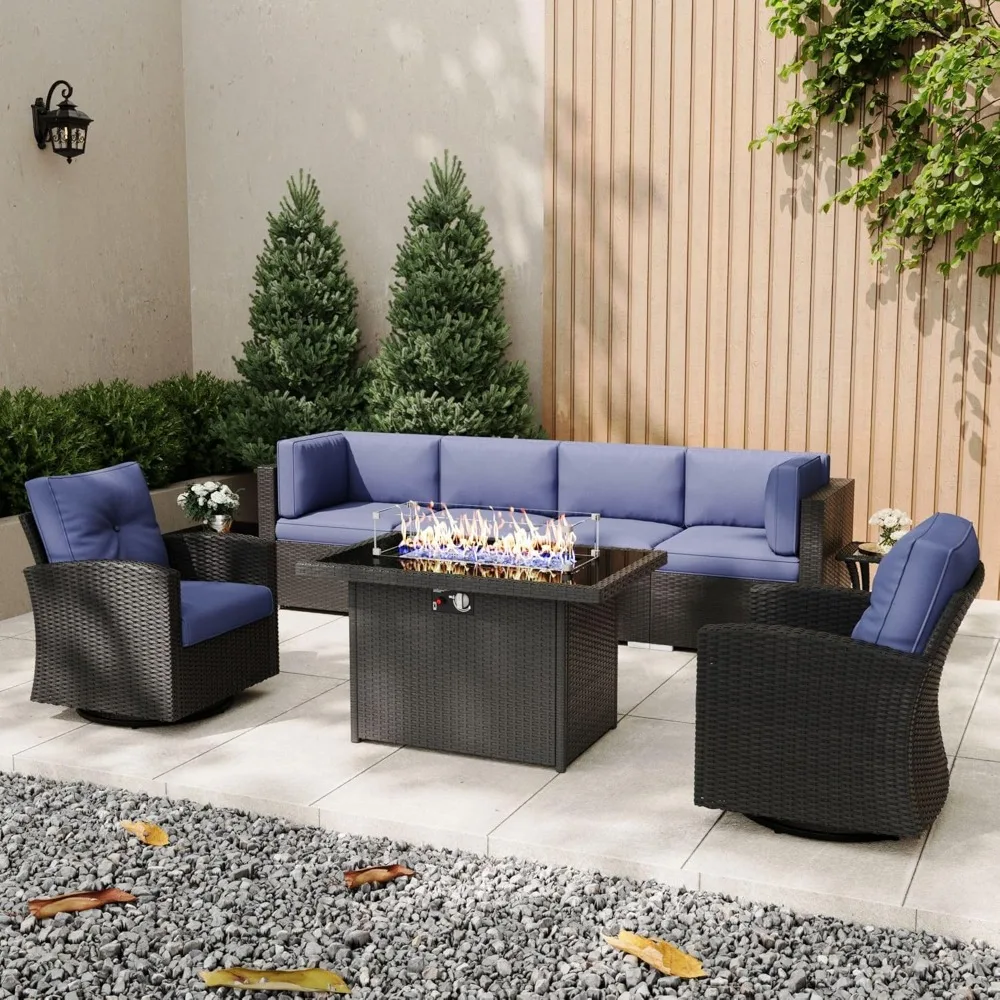 Patio Furniture Set with Fire Pit Table, 9 Pieces Outdoor All-Weather Wicker Conversation Sectional Chair Sofa Set with 2 Swivel