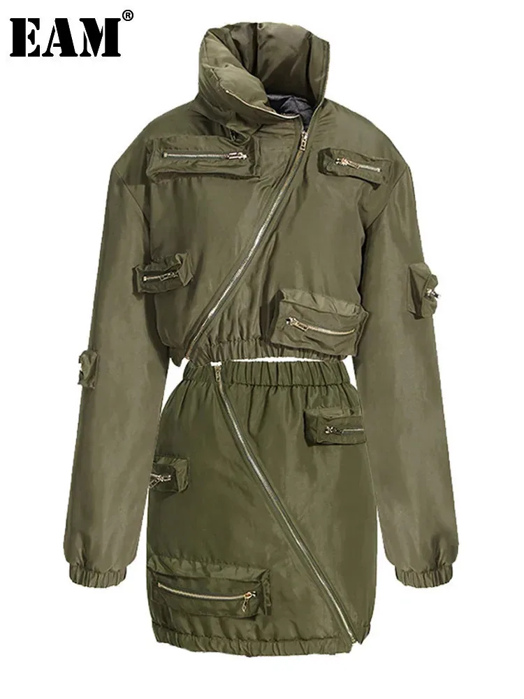 [EAM] Army Green Jacket Half-body Skirt Two Pieces Suit New Stand Collar Long Sleeve Women Fashion Spring Autumn 2024 7AB1999