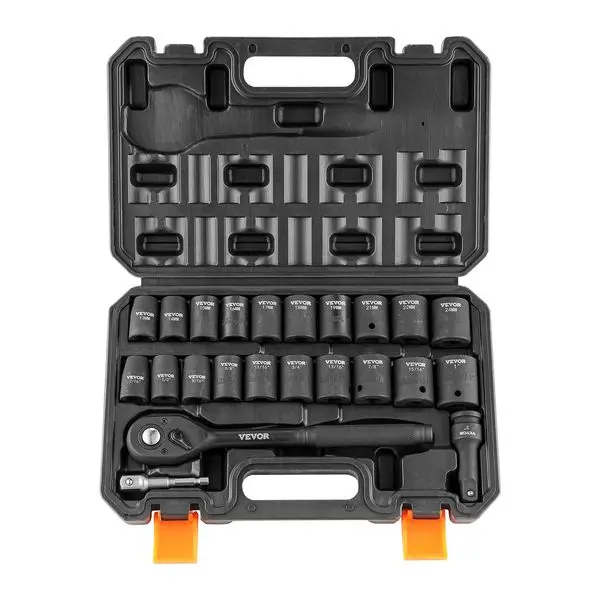 

VEVOR 1/2' Drive Impact Socket Set, 23 Piece Socket Set SAE (7/16' -1')& Metric (13-24mm)6 Point Cr-V Alloy Steel for Auto R