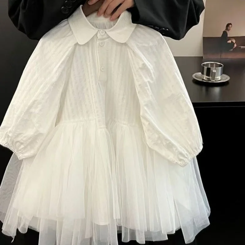 Girls Dress 2025 Spring and Autumn New Collection Children's Splicing Mesh Skirt Baby Girl's Temperament Solid Color Shirt Skirt