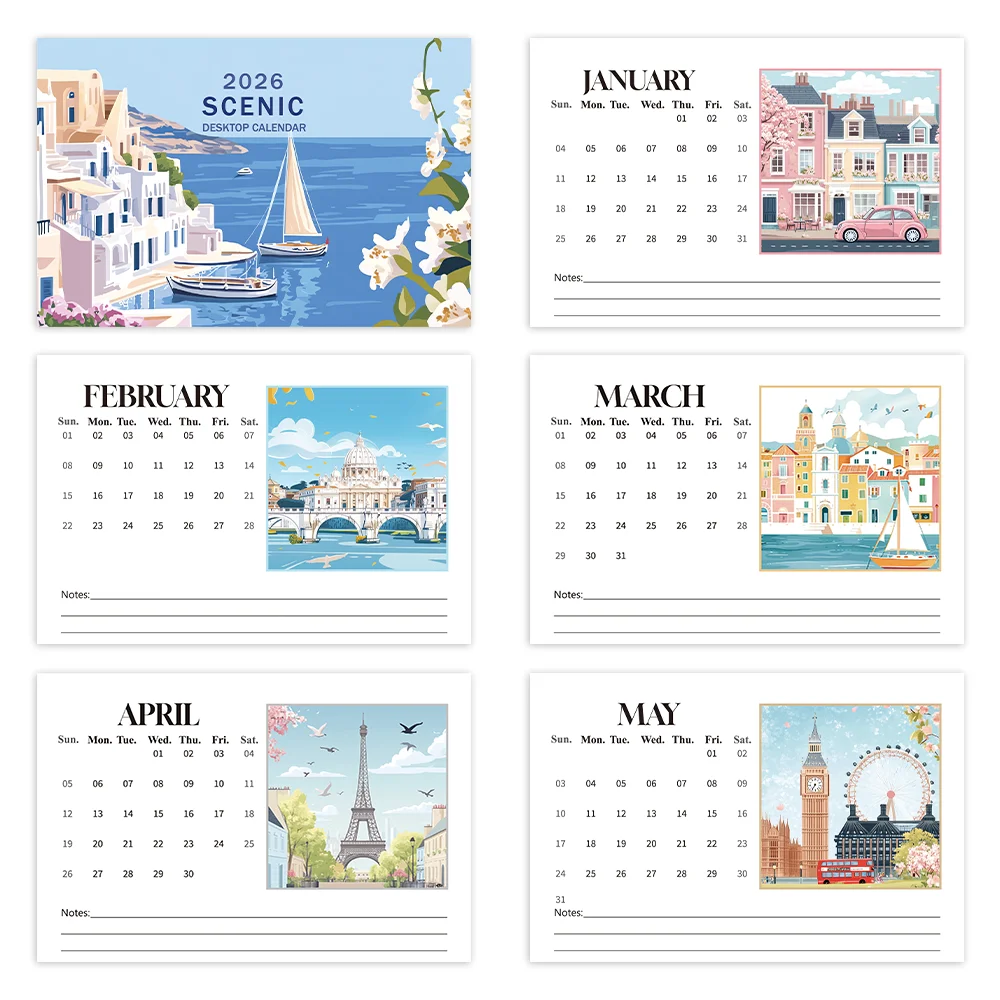 2 Stück/1 Satz 2026 handgezeichneter Reisetagebuch-Themen-Schreibtischkalender und Wandkalender, 12 einzigartige Designs, Geburtstag, Weihnachten, Neujahr, Geschenk