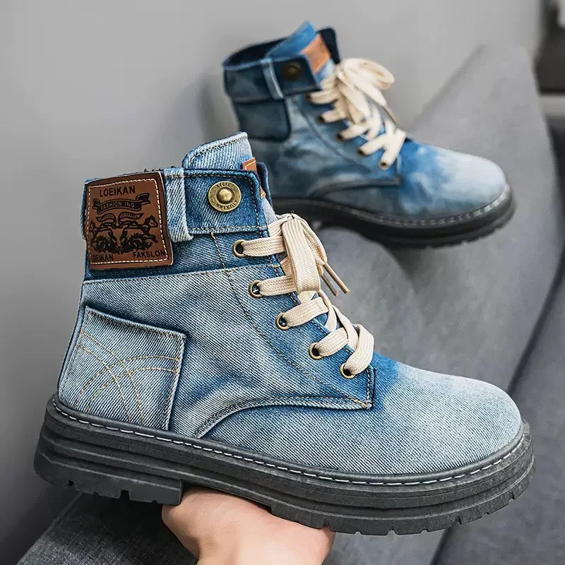 

Designer's New Men's Shoes, Height Increasing Breathable Mid Top Shoes, Fashionable Denim Casual Work Shoes, Casual Boots Shoes