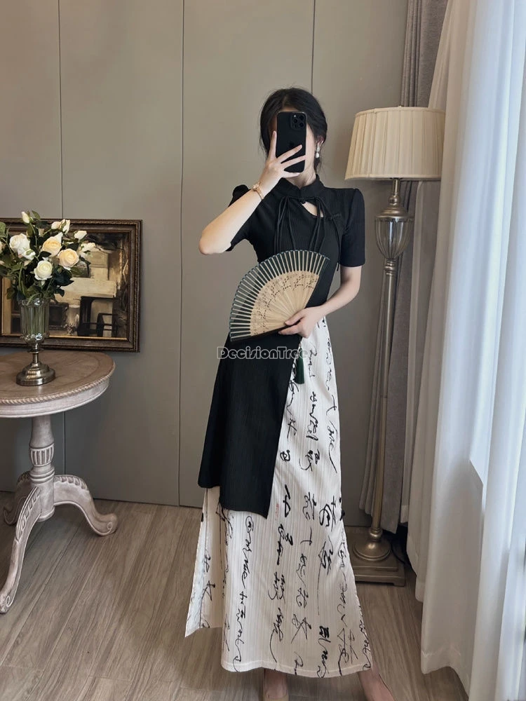 

2024 new chinese irregular short-sleeved hollow out design qipao blouse printed skirt two piece fashion casual cheongsam suit