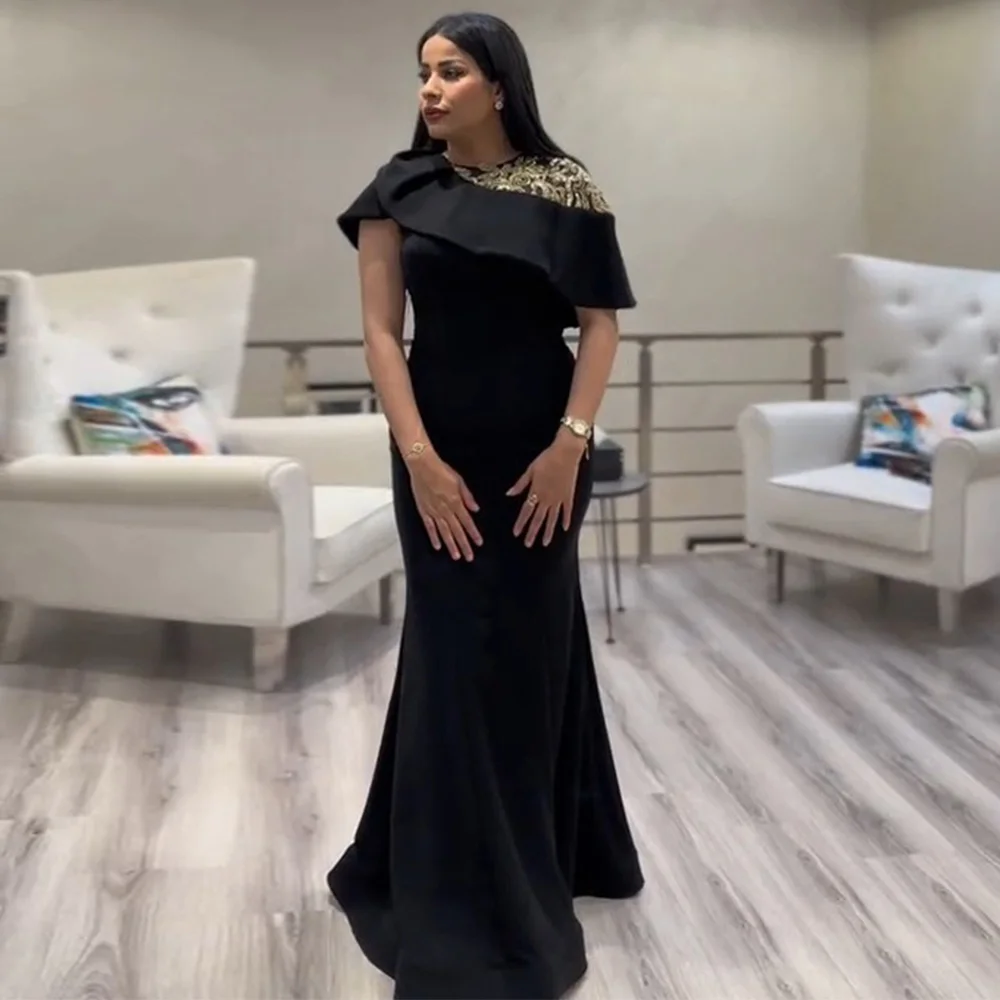 

Элегантное вечернее платье Русалка с аппликацией и круглым вырезом с рюшами без рукавов Современные свадебные платья для гостей для женщин Труба Черные платья для выпускного вечера