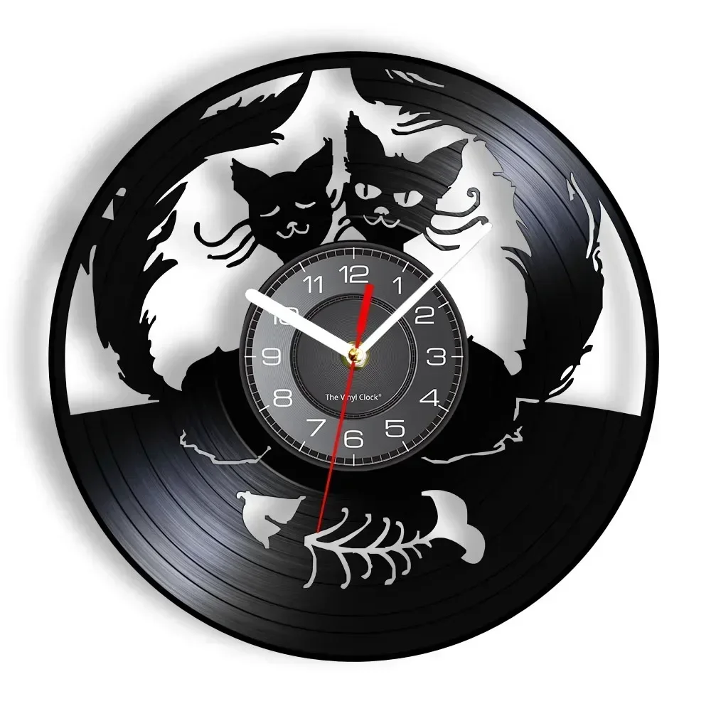 Cats in Love Wall Clock 2 Pussy Cats Lover Kitty Vinyl Record Art Clock Animals in Love Cats and Fishbone Decorative Wall Clock