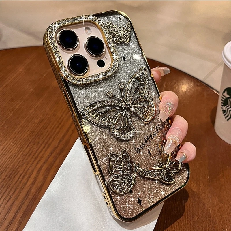 حافظة هاتف على شكل فراشة ماسية للنساء والفتيات لهاتف آيفون 16 11 12 13 14 15 Pro Max 16 Plus غطاء سيليكون ناعم مطلي شفاف