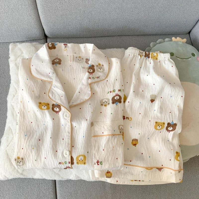 クマドットレタープリント韓国スタイルの女性のパジャマセットカジュアル Y2K 外夏の新 2025 パジャマセットファッションスイートホームウェア