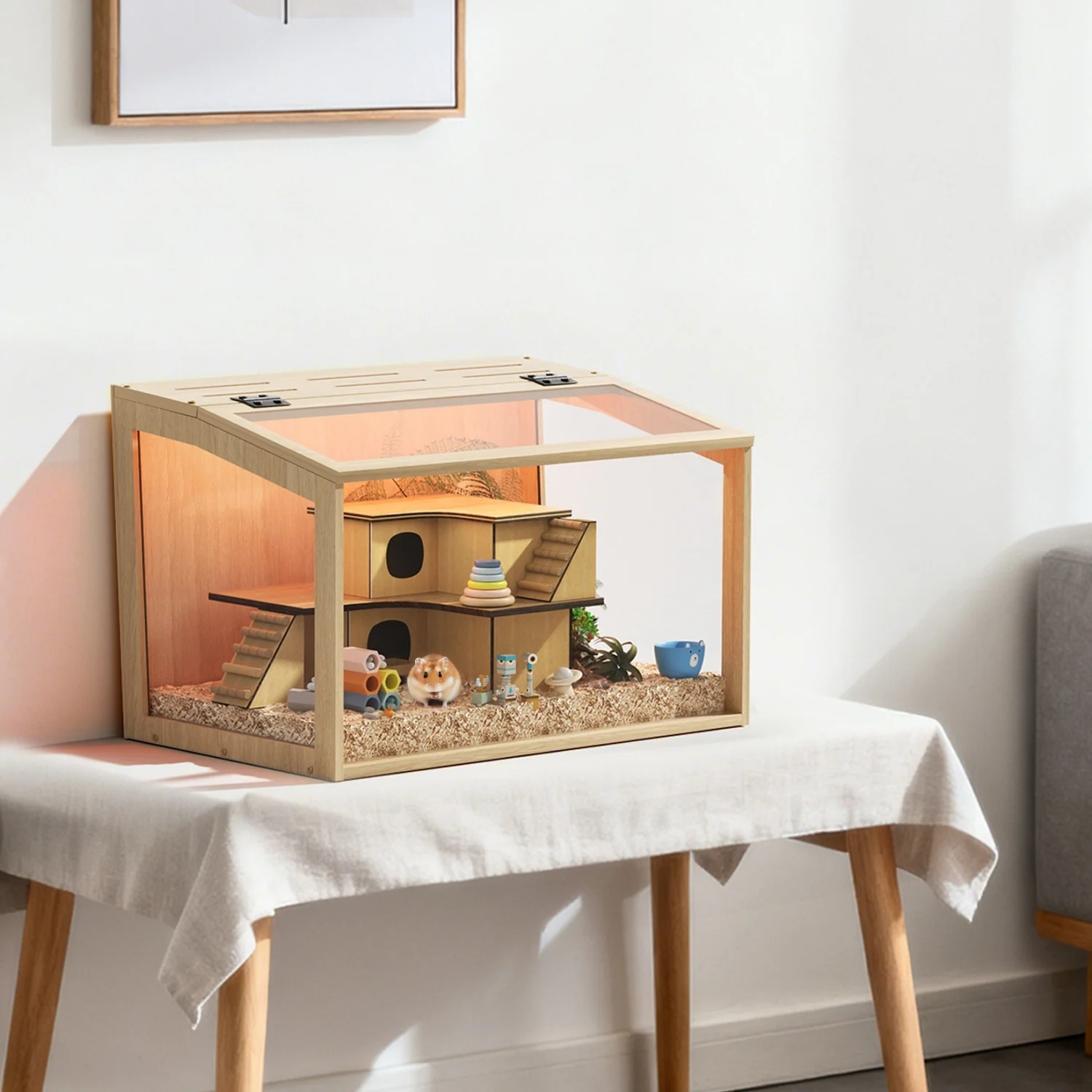

60/80CM Large Natural Wooden Hamster Cage Animal Cabinet Built-in LED Light Tabletop Hamsters Habitat for Small Pets