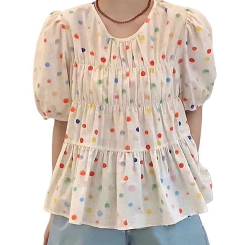 Summer Multicolor Polka Dot Printing Short Sleeve Blouse New Fashion Women Loose Casual Shirt Ladies Pleated Ruffled Tops 32