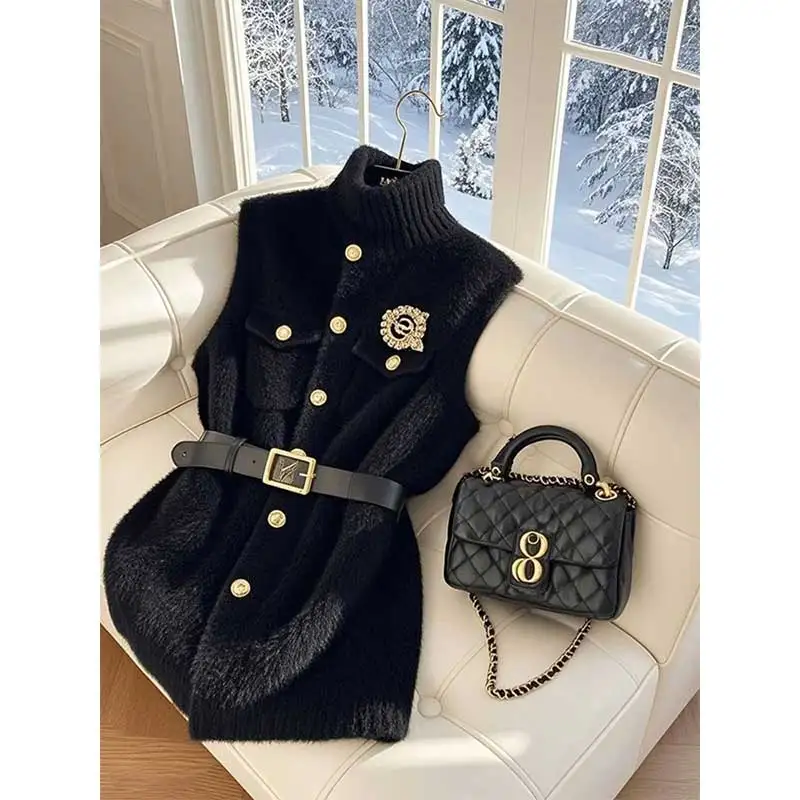 Women Clothing Autumn Autumn Fashion Korean Office Lady All-match Button Knitting Solid Color Female Appear Thin Tank Top Top Te