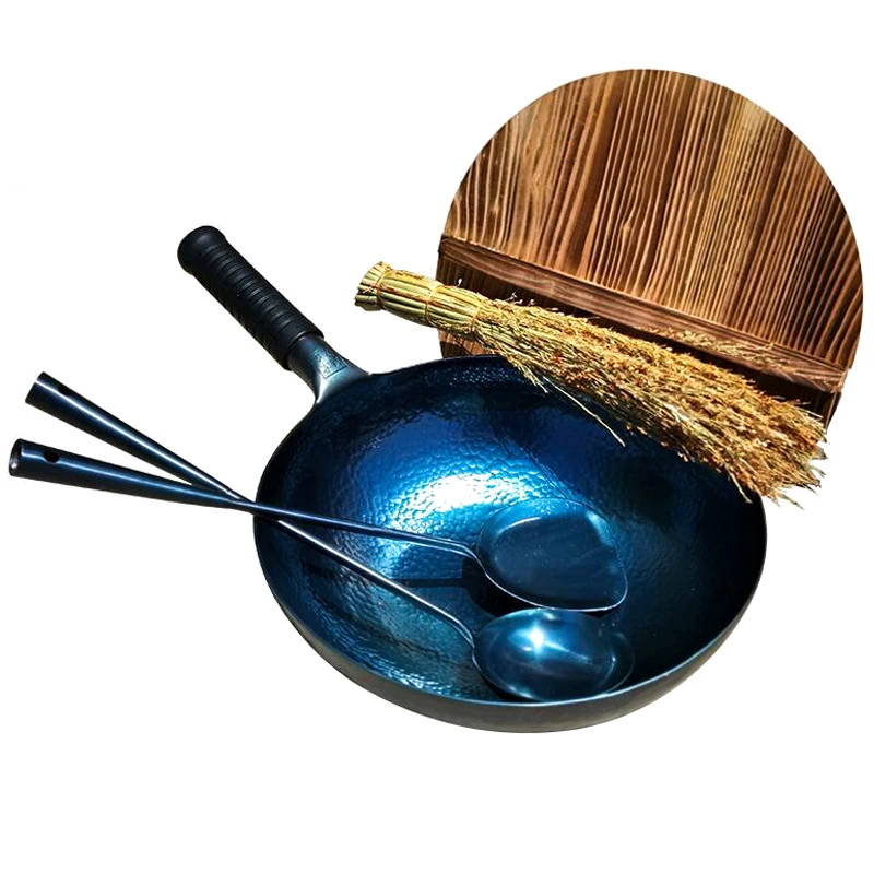 

Chinese Traditional Iron Wok Set,Hand Hammered Non-stick Gas Pot, Round bottom Woks With Handle,Wood lid,iron Utensil Set, Brush