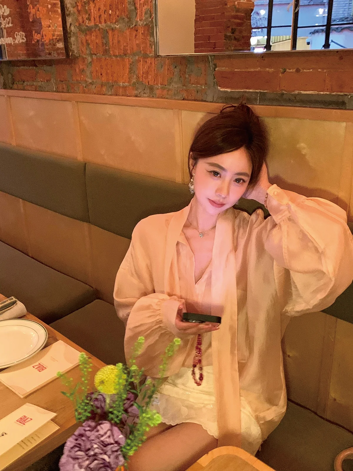 

Romantic Sash Transparent Texture Design Lazy Shirt Women's Loose Style Long Sleeve V-Neck Button-Up Casual Spring Fashion