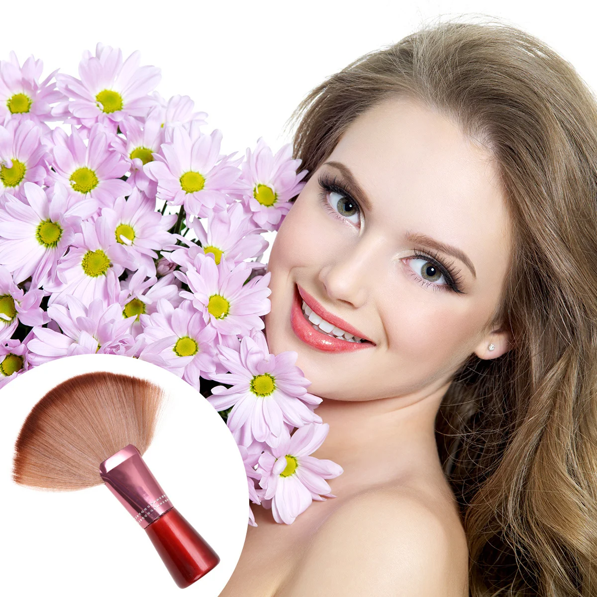 Forma de leque cerdas de náilon pó escova acrílico strass liga lidar com luz marrom ferramenta maquiagem para rosto fundação mistura blush