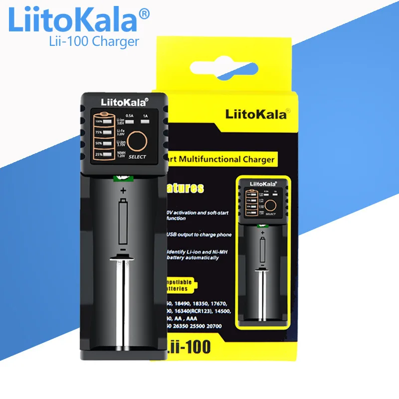 LiitoKala Lii-100 Batterieladegerät für 18650 18350 26650 16340 RCR123 14500 3,7 V 1,2 V Ni-MH Ni-Cd 2A USB Smart Ladegerät