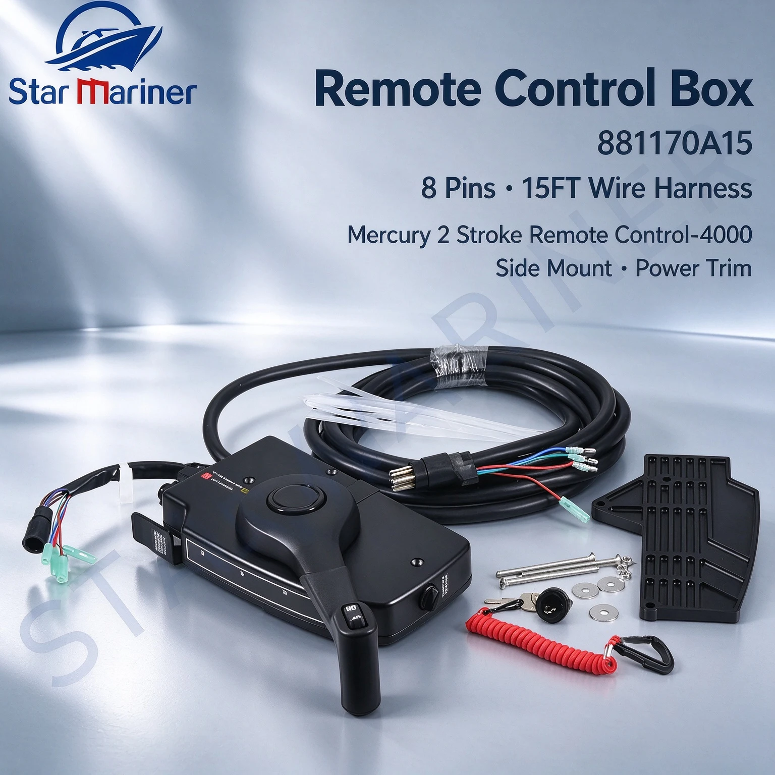 Remote Control Box 881170A15 For Mercury 2 Stroke 8 Pins 15FT Wire Harness Remote Control-4000 Side Mount Power Trim