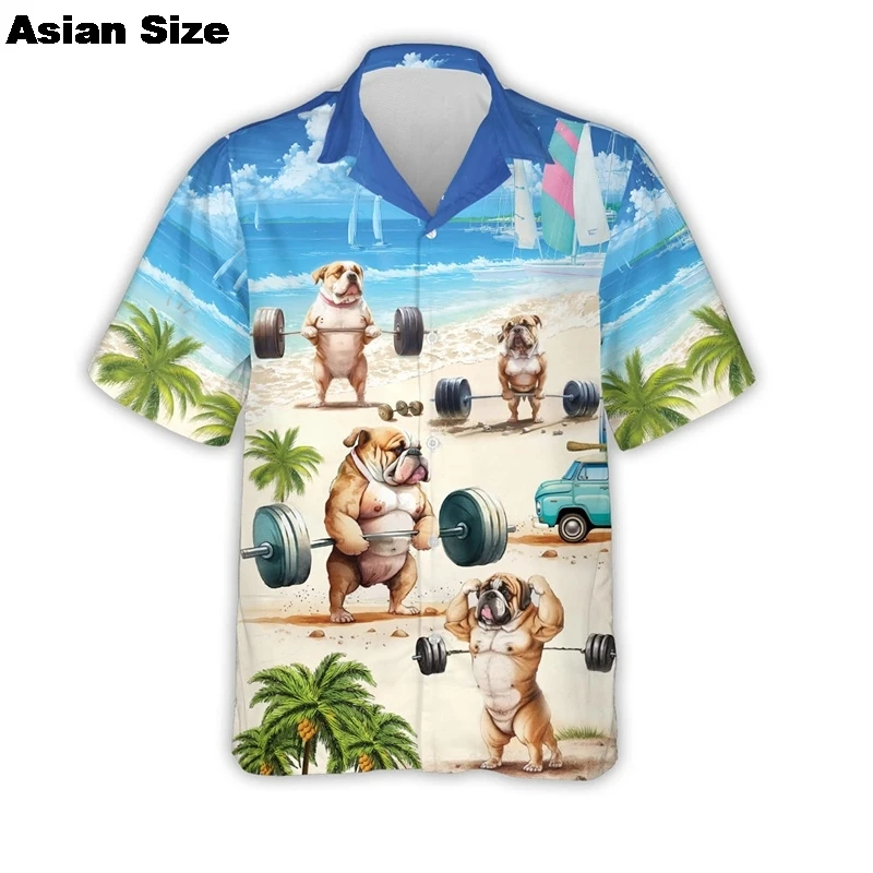 Funny Animals Fitness Graphic Short Sleeve Shirts For Men Clothes 2025 Summer Hawaii Lapel Blouse Gym Sport Blouses Dumbbel Tops