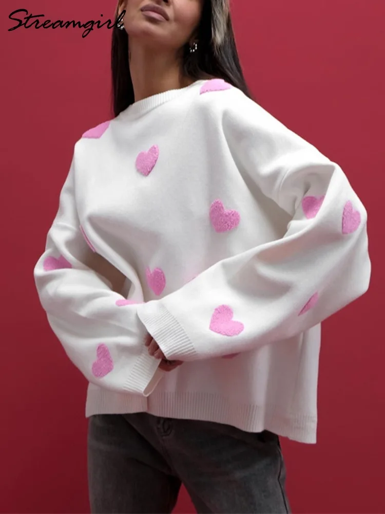 Streamgirl Heart Embroidery Christmas Sweater Women Oversize Pink Thick Knitwear Pullover Jumper Spring Women's Sweaters Elegant