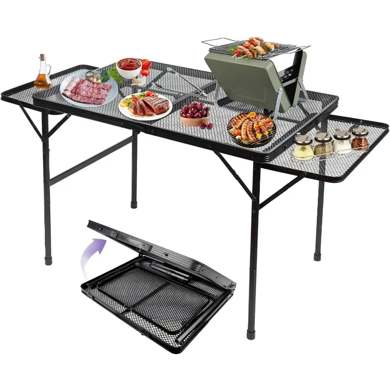 

Camping Table with 2 Wing Panels, Folding Grill Table, Metal Portable Picnic Table, Lightweight Height Adjustable Foldable