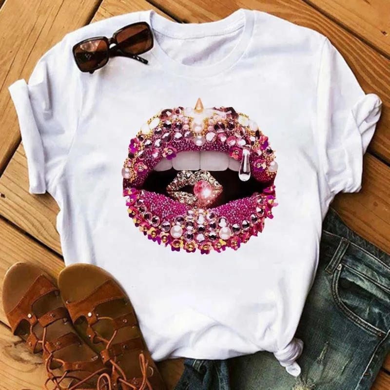 Sexy Colorful Diamonds Lip Print Women T Shirt Short Sleeve O Neck Loose Women Tshirt Ladies Tee Shirt Tops Camisetas Mujer