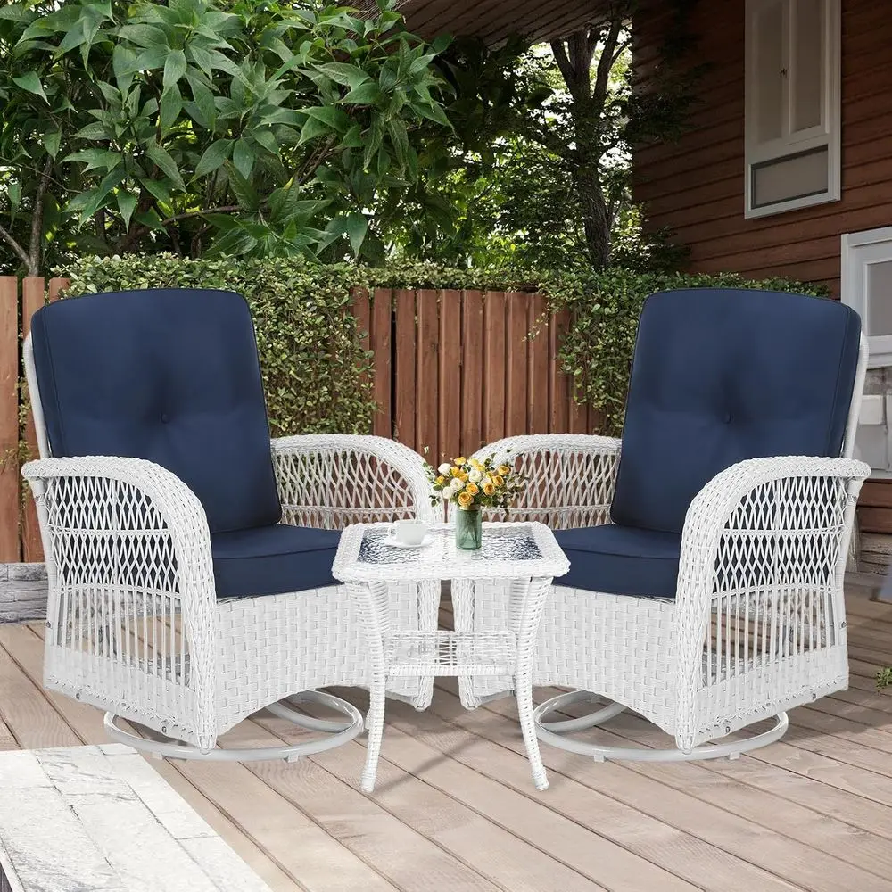 3-Piece Outdoor Wicker Swivel Rocker Set with Cushions and Glass Coffee Table, White/Navy