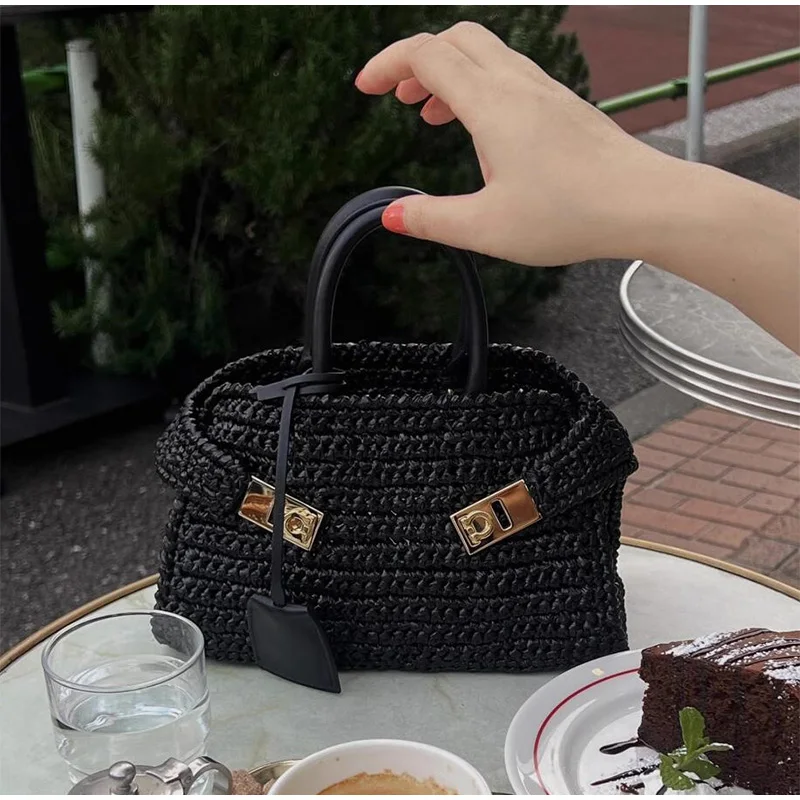 Fresh Blue Hand-woven Women\'s Bag 2024 New Casual Versatile Straw Bag Handbag Lock Buckle Seaside Holiday Style Bag