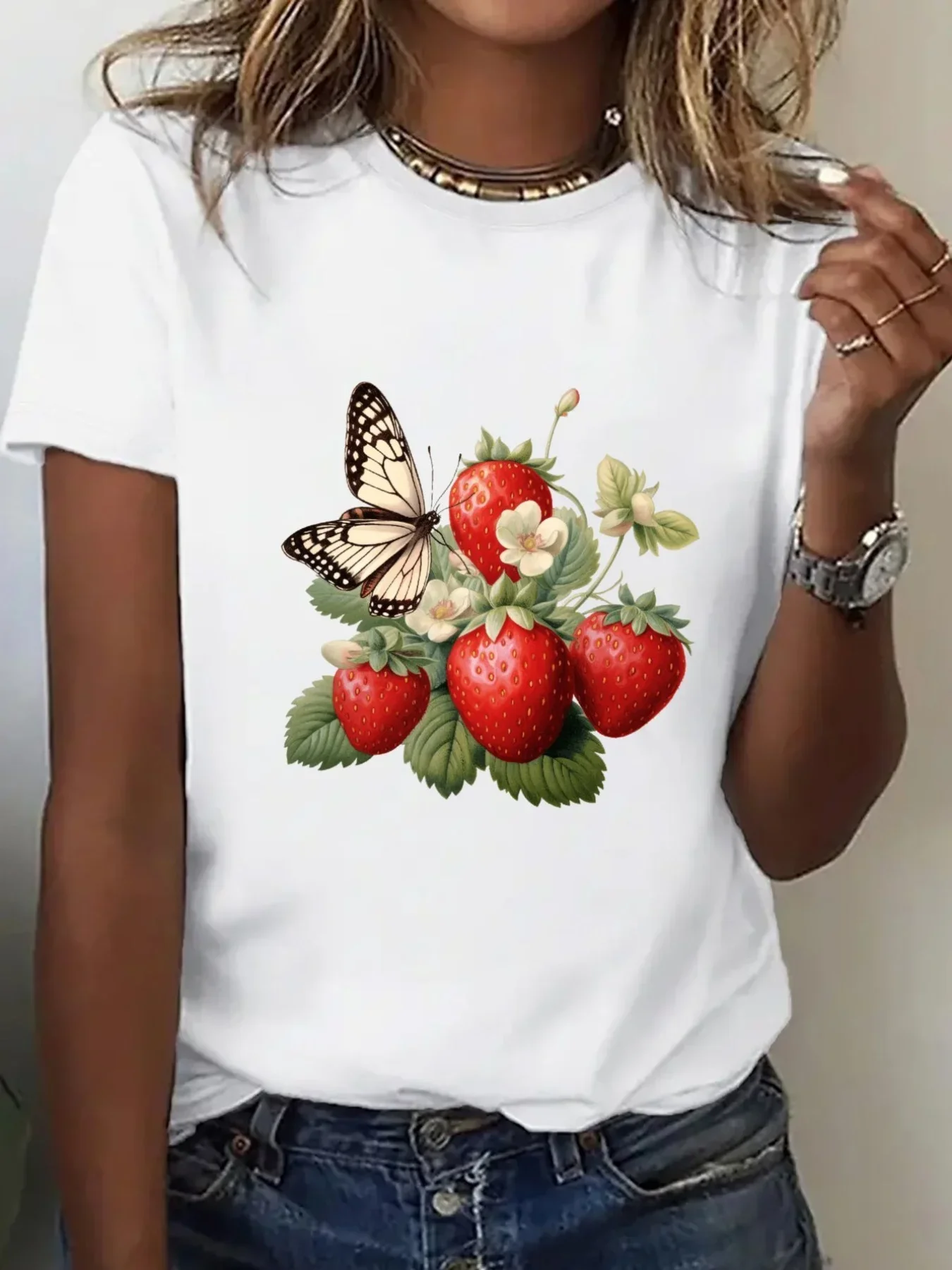 

Print Breathable Fabric Mother's Gift Seasonal Fashion Natureinspired Design Womens Casual Sleeve Geometric Strawberry Butterfl