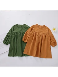 Girls' Cotton and Linen Solid Color Autumn Long Sleeve Dress Children's New Long Sleeve Jumpsuit Girls' Dress